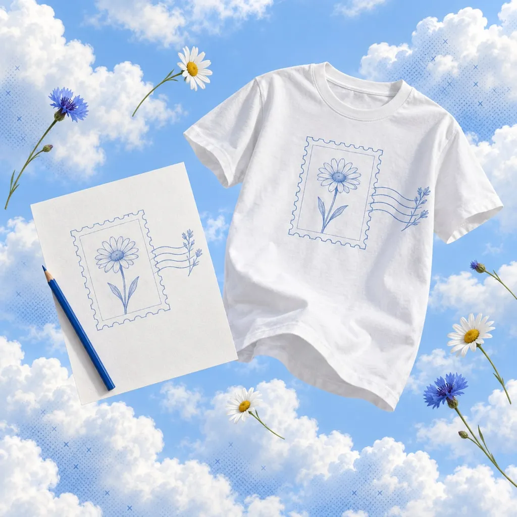 A daisy stamp sketched on paper beside a T-shirt printed with the same design, floating among clouds