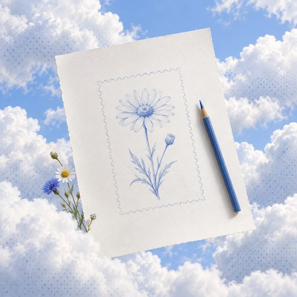 A daisy stamp design sketched on paper with a blue pencil