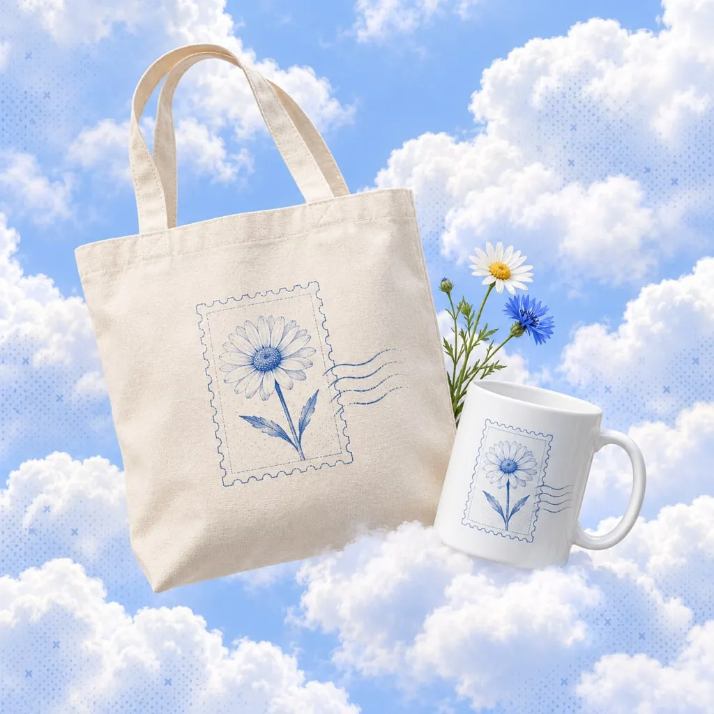 The same daisy design printed on a canvas tote bag and a mug