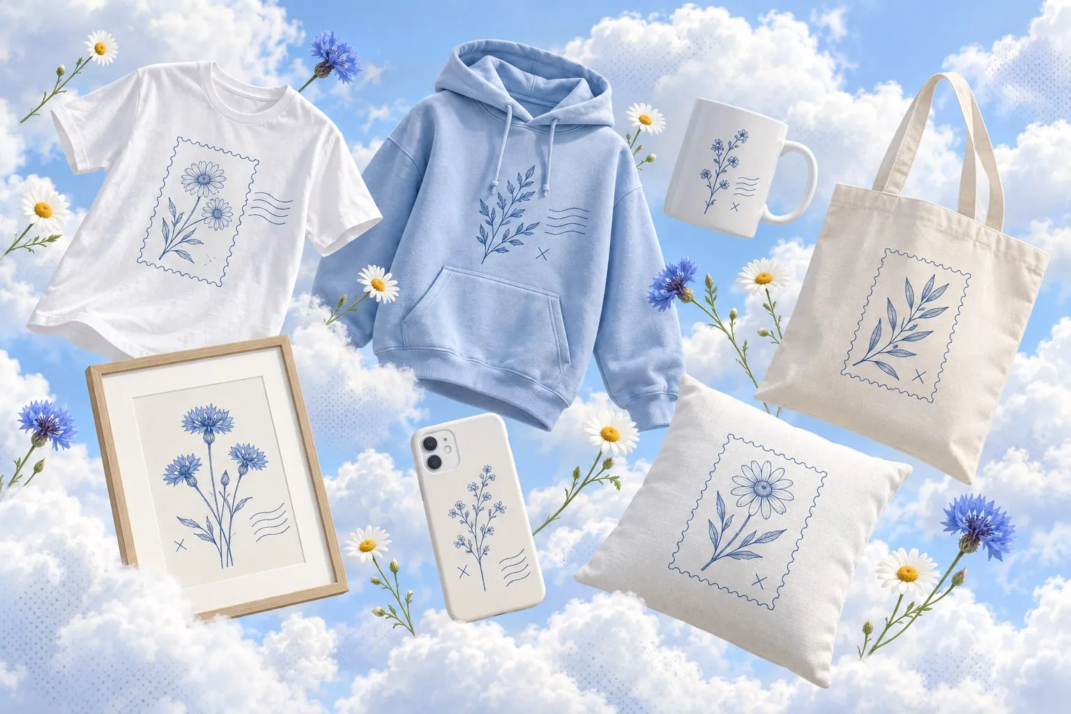 A T-shirt, hoodie, mug, tote bag, framed print, phone case and cushion printed with botanical designs