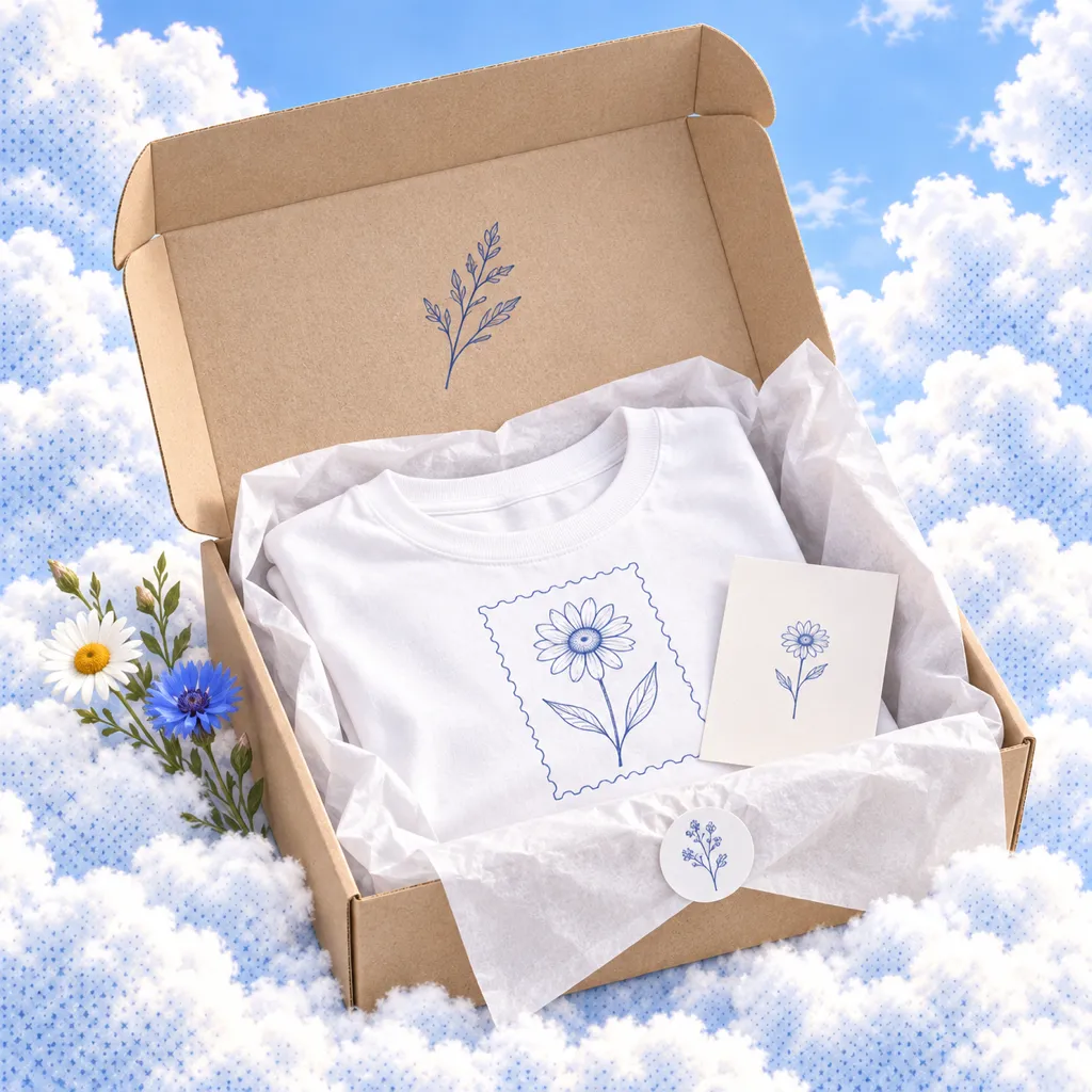 An opened kraft mailer with a folded printed T-shirt, a small insert card and a sticker seal on tissue paper.
